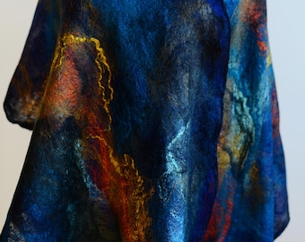 Silk Felted Scarf with Magical Hues, Unique design felt shawl, Multicolored silk scarf,  Merino wool shawl, Nuno felt scarf,