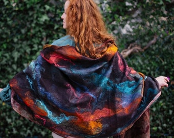 Large nunofelt shawl, designer silk scarf, feled shawl to create comfort,