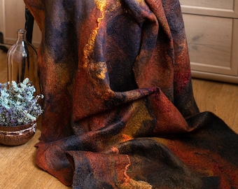 Designer silk scarf, Brown Nuno felted shawl, Large felted wrap, Cozy wool cape, Ukraine shop