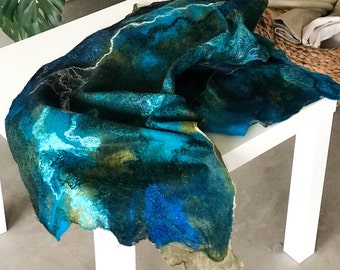 Turquoise silk scarf, Merino wool shawl, nuno felt scarf, artistic scarf, Ukraine shop