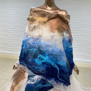 Nuno felt scarf, Felted bridal shawl, Wedding wrap, Hand painted wedding cape