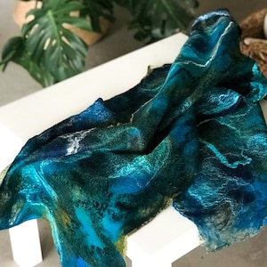 Turquoise silk scarf, Merino wool shawl, Autumn silk wrap, nuno felt scarf, Ukraine shop