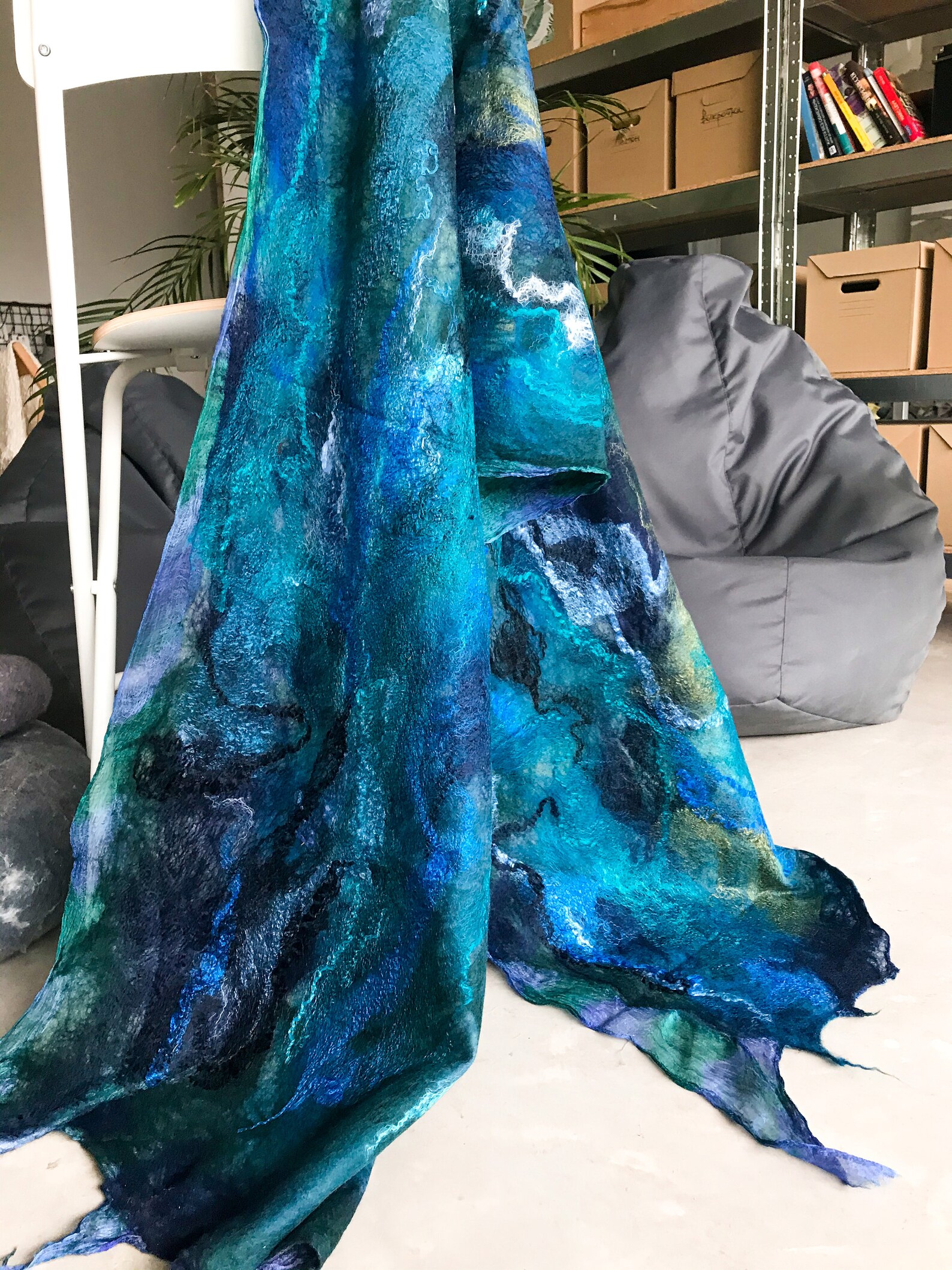 Printed Modal Linen Silk Scarf in Turquoise Florettes