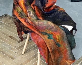 Designer silk scarf, Orange Nuno felted shawl, Large felted wrap, Ukraine shop