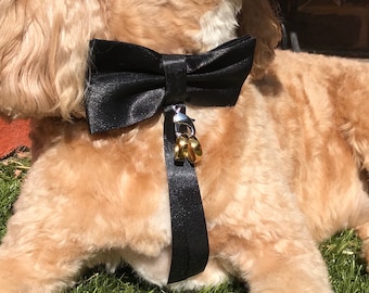 Pajarita de satén negra sobre collar de cuero para perro: collar con anillo opcional