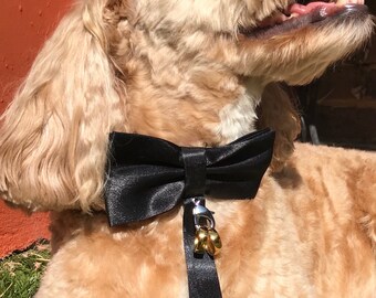 Pajarita de satén negra con collar de cuero para perro: atuendo de boda para portador de anillos