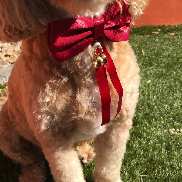 Red Satin Dog Bow Tie Collar | Dog Ring Bearer Bow Tie and Collar for weddings, proposals | Canine Red Bow Tie Collar