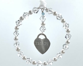 Wedding Bouquet Charm | Sterling Silver and Crystal | Personalised Engraved Heart | Something Blue Gift for Bride
