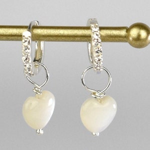 Sterling Silver Huggie Hoop Earrings with Mother of Pearl Heart | Minimalist Earrings | Diamond Style Huggie Hoops