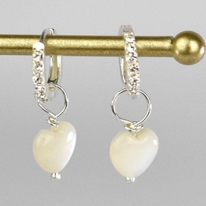 Sterling Silver Huggie Hoop Earrings with Mother of Pearl Heart | Minimalist Earrings | Diamond Style Huggie Hoops