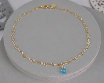 Heart Link Anklet with Sparkling Blue Charm. Something Blue Wedding Jewellery