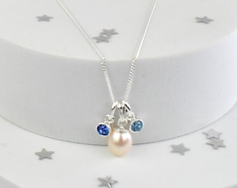 Family Birthstone Necklace. Freshwater Pearl Austrian Crystal. Personalised Gift for Mum