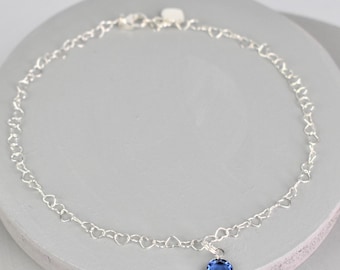 Heart Link Anklet Sterling Silver, Blue Crystal, Personalised Tag (Something Blue Wedding Jewellery)
