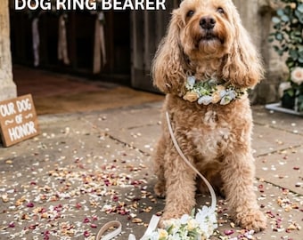 Dog Wedding Collar Floral Lead Set, Ring Bearer Accessory, Ivory Peach Garland