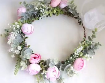Dog Flower Garland, Camellia Bud Wreath for Photoshoots, pink, lavender, yellow, blush. One size
