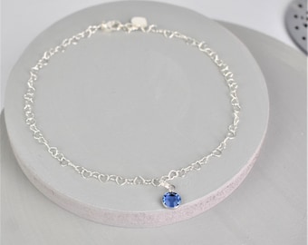 Something Blue Anklet bracelet | sterling silver pretty heart link anklet bracelet with blue crystal. Fully adjustable.