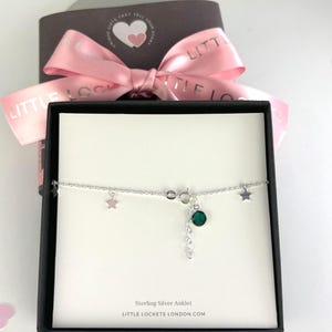Tobillera personalizada de plata de ley con estrellas estilo bohemio: dije de piedra de nacimiento de cristal opcional