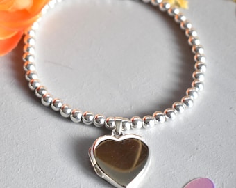 Sterling Silver Heart Locket Bracelet | Beaded Photo Keepsake (Two Sizes)
