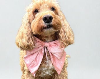 Rose Pink Silk Dupion Dog Bow Tie with Leather Collar | Ring Bearer Clasp