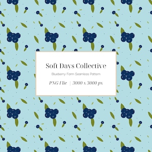 May include: A seamless pattern featuring clusters of dark blue blueberries with green leaves and small black dots on a light blue background. The text "Soft Days Collective" and "Blueberry Farm Seamless Pattern" is displayed.