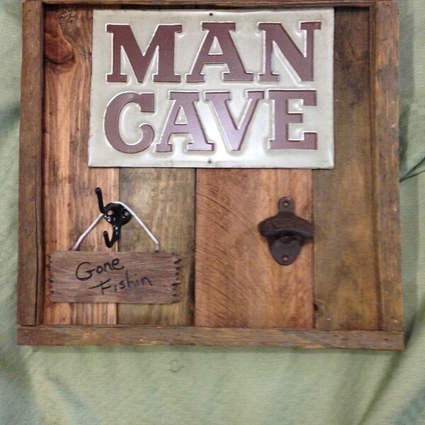 Wooden Man Cave Sign with Bottle Opener and Hook.