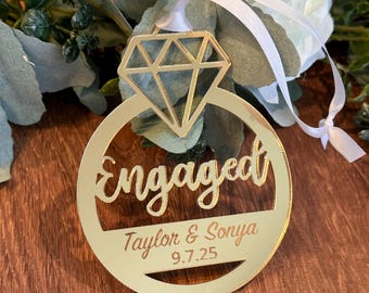 Engagement Ornament, Wedding Engagement Ring Ornament, Wedding Gift, Personalized Wedding Gift, Gold, Rose Gold or Silver