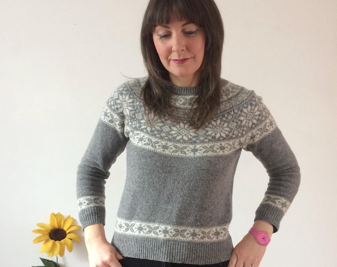 Vintage Nordic Fairisle Knit Grey & White Jumper