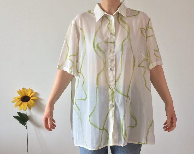 Vintage 80s White & Green Blouse
