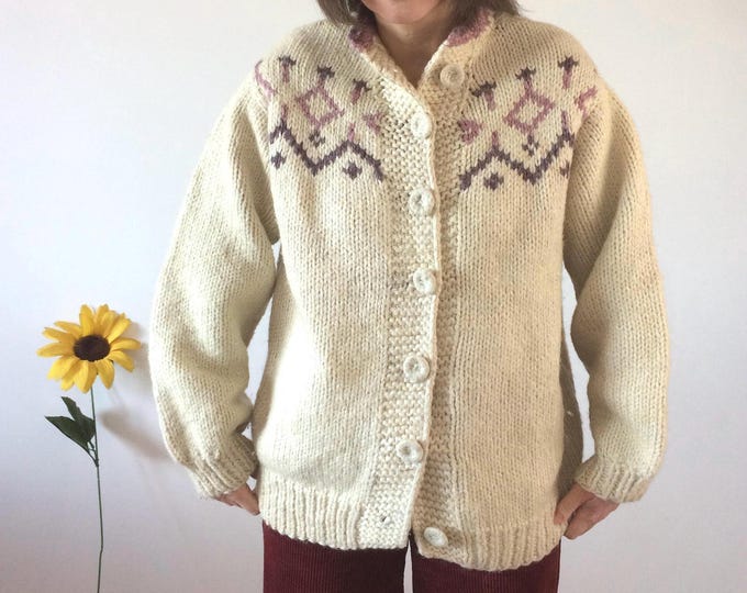 Vintage 70s Cream & Purple Hand knit Nordic Style Cardigan