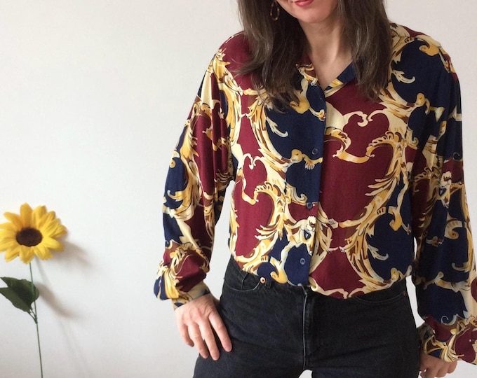 Vintage 90s Abstract Print Navy Burgundy & Beige Shirt