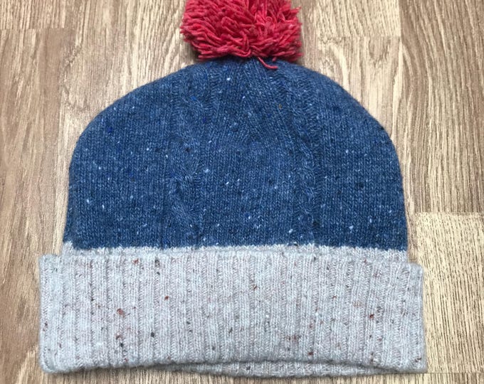 Wool Blue Red & Oatmeal Beanie Hat