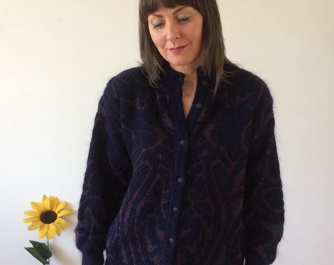 Vintage 80s Navy Abstract Mohair Mix  Cardigan