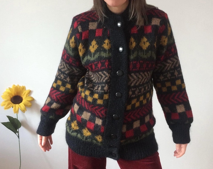 Vintage 80s Black Red Yellow Knit Cardigan