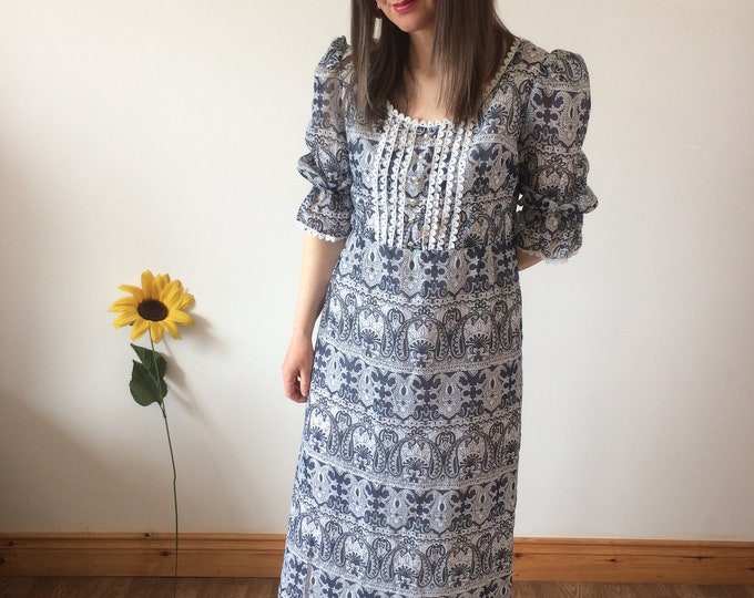 Vintage 70s Dark Grey Blue & White Maxi Dress