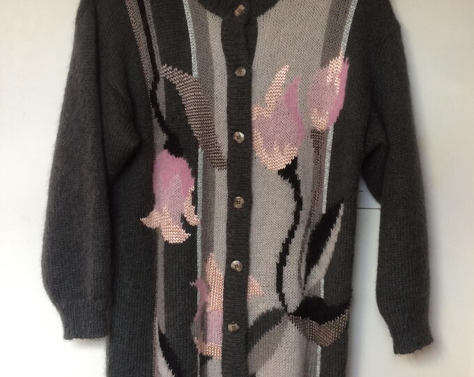 Vintage 80s Grey & Pink Floral Cardigan