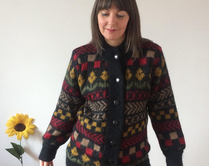 Vintage 80s Black Red Yellow Knit Cardigan