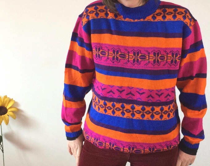 Vintage 80s Pink Orange Black & Blue Jumper