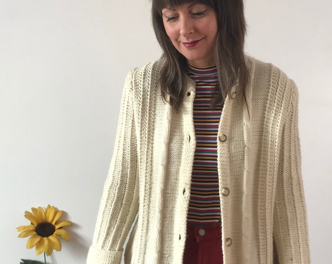 Vintage 70s Cream Cable Knit Cardigan