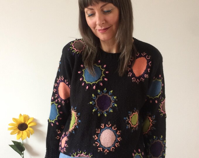 Vintage 80s Black with Colourful Circles Jumper