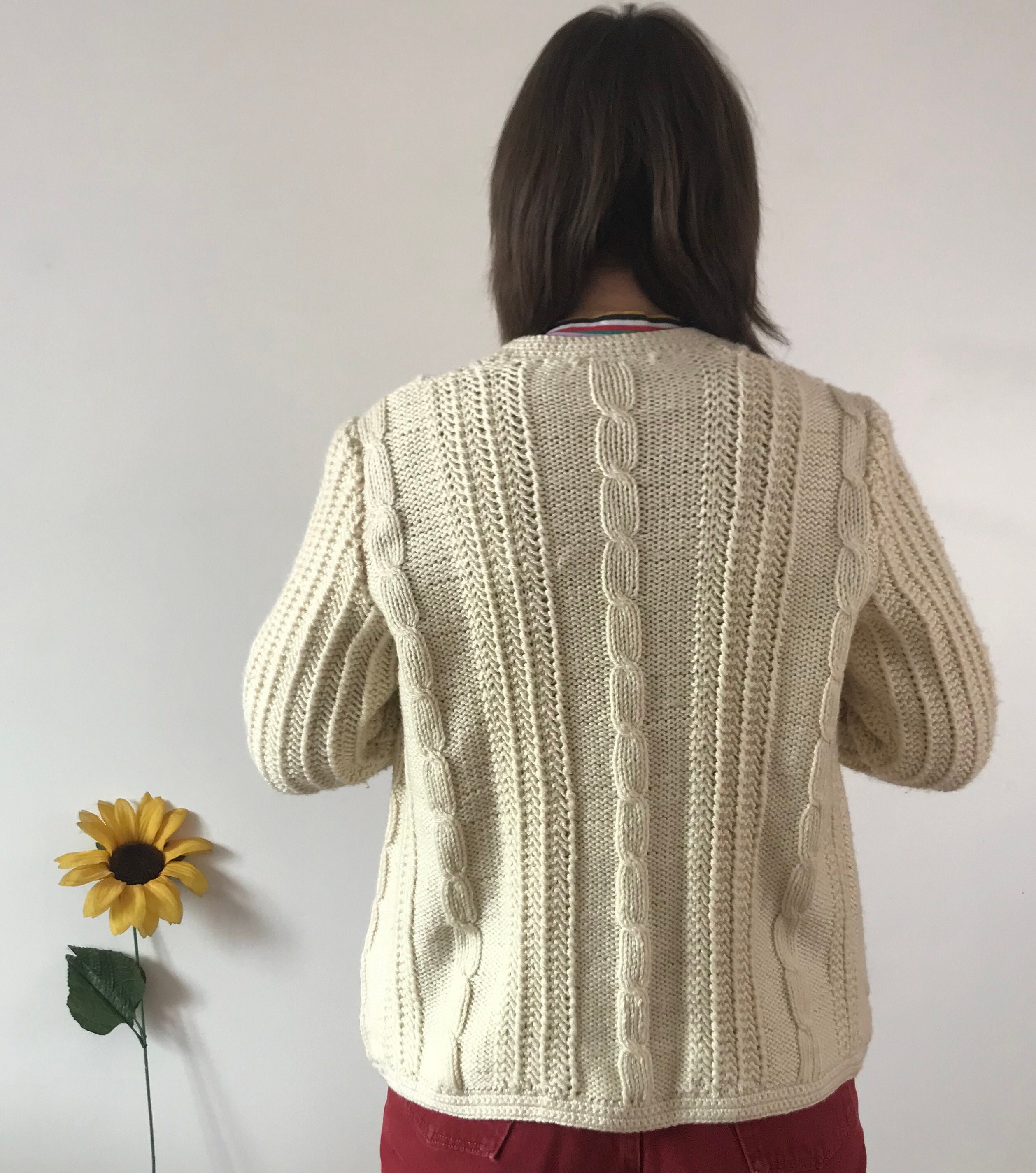Vintage 70s Cream Cable Knit Cardigan - Etsy