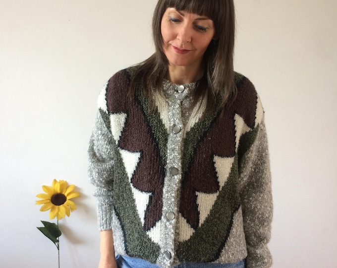 Vintage 90s Grey with Green White & Brown Abstract Design Knit Cardigan