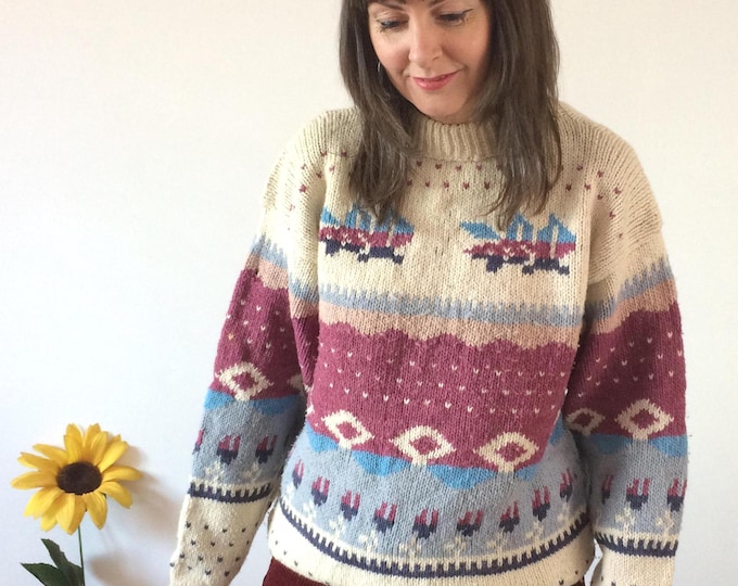 Vintage 80s Cream & Blue Hand knit Jumper