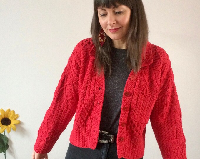 Vintage 80s Red Cable Knit Cardigan