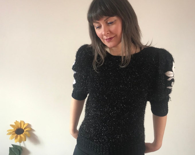 Vintage 80s Black with White Flower Aplica Jumper