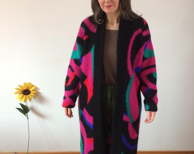Vintage 80’s Black & Pink Colourful long Cardigan.