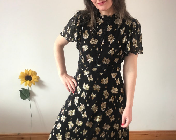 Vintage Retro Black & Gold  Midi Dress