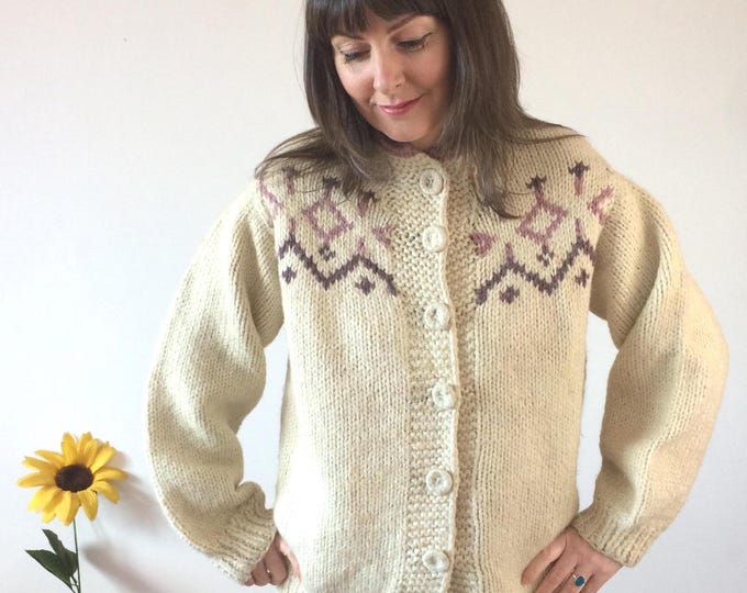 Vintage 70s Cream & Purple Hand knit Nordic Style Cardigan