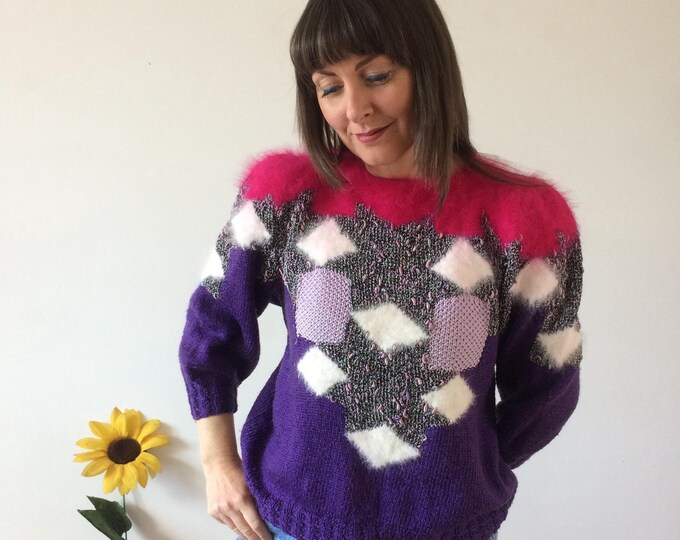 Vintage 80s Pink Purple Grey White & Lilac Knit Jumper