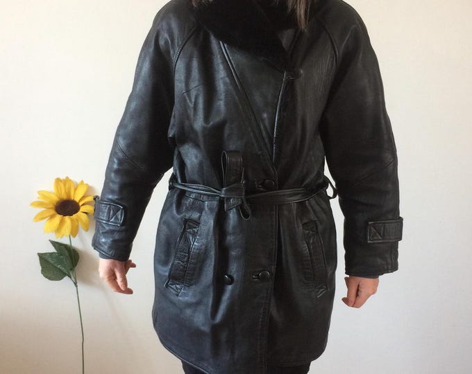 Vintage 80s Black Leather With Faux Fur Collar Coat