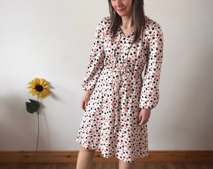 Vintage Cream with Navy & Pink Dots Midi Dress